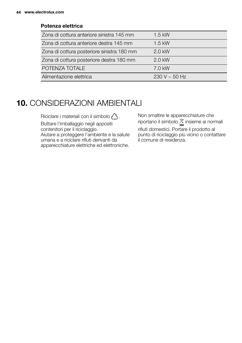 Considerazioni ambientali | Electrolux EHS6940HOX User Manual | Page 44 / 48