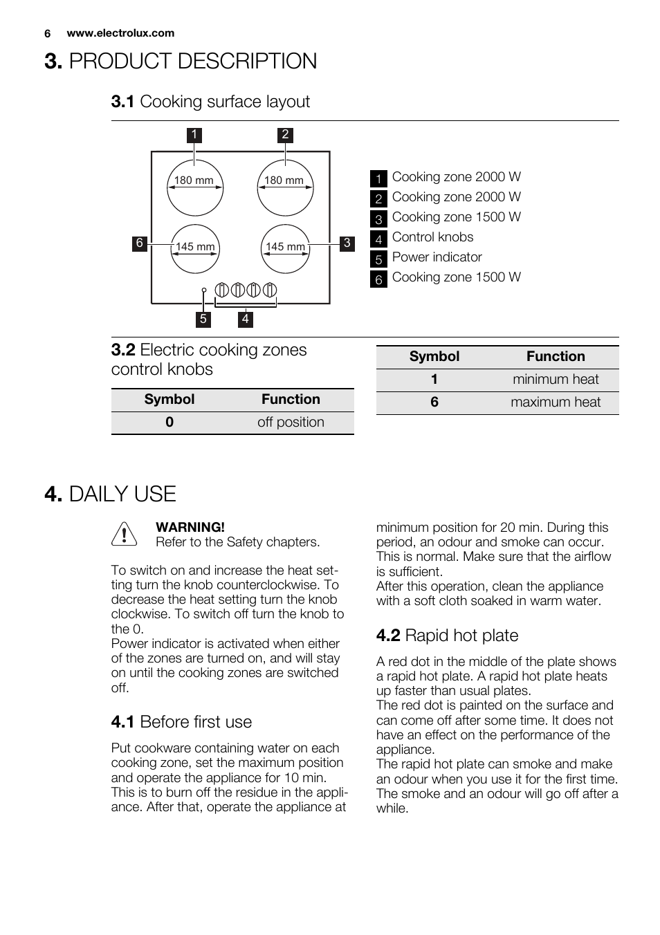 Product description, Daily use, 1 cooking surface layout | 2 electric cooking zones control knobs, 1 before first use, 2 rapid hot plate | Electrolux EHS6940HOX User Manual | Page 6 / 48