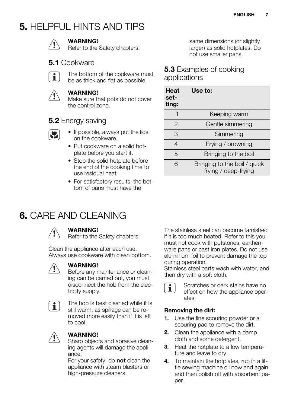 Helpful hints and tips, Care and cleaning, 1 cookware | 2 energy saving, 3 examples of cooking applications | Electrolux EHS6940HOX User Manual | Page 7 / 48