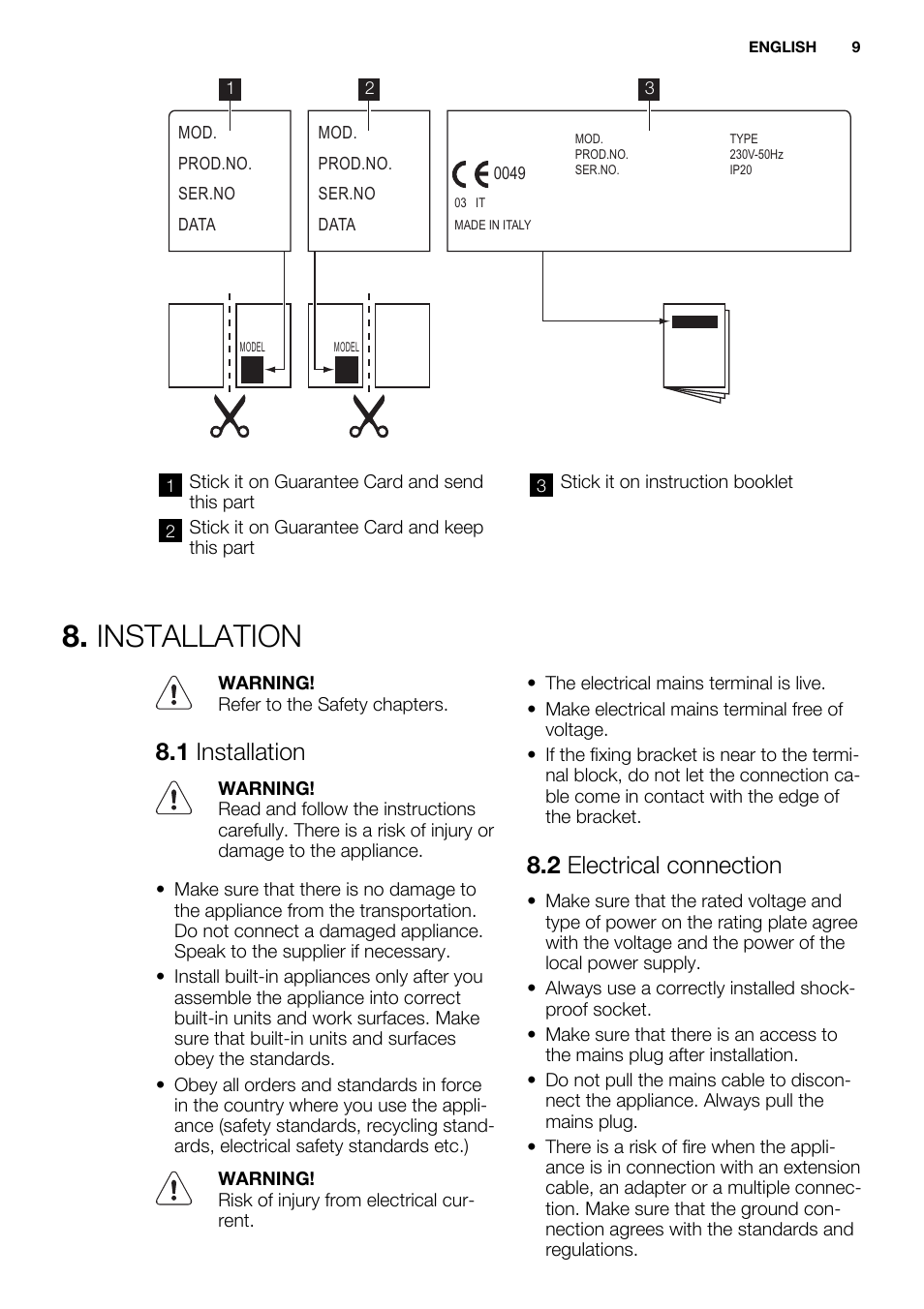 Installation, 1 installation, 2 electrical connection | Electrolux EHS6940HOX User Manual | Page 9 / 48