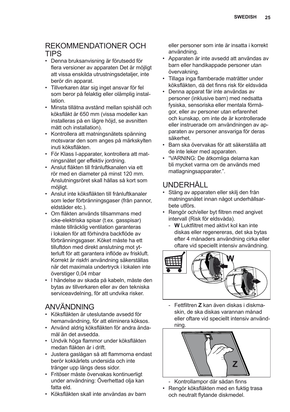 Rekommendationer och tips, Användning, Underhåll | Electrolux EFC60151X User Manual | Page 25 / 56
