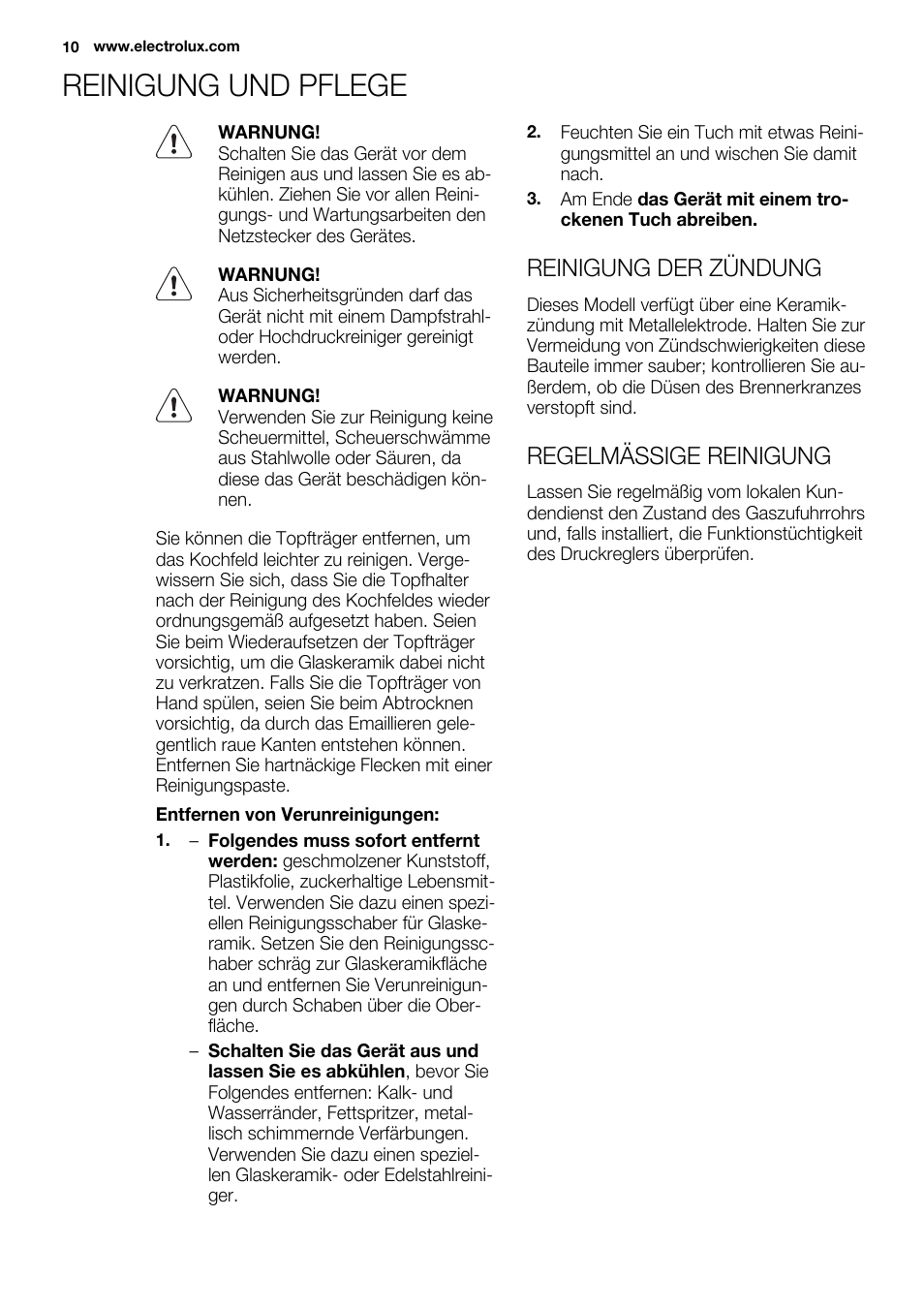Reinigung und pflege, Reinigung der zündung, Regelmässige reinigung | Electrolux EQW4111BOG User Manual | Page 10 / 64