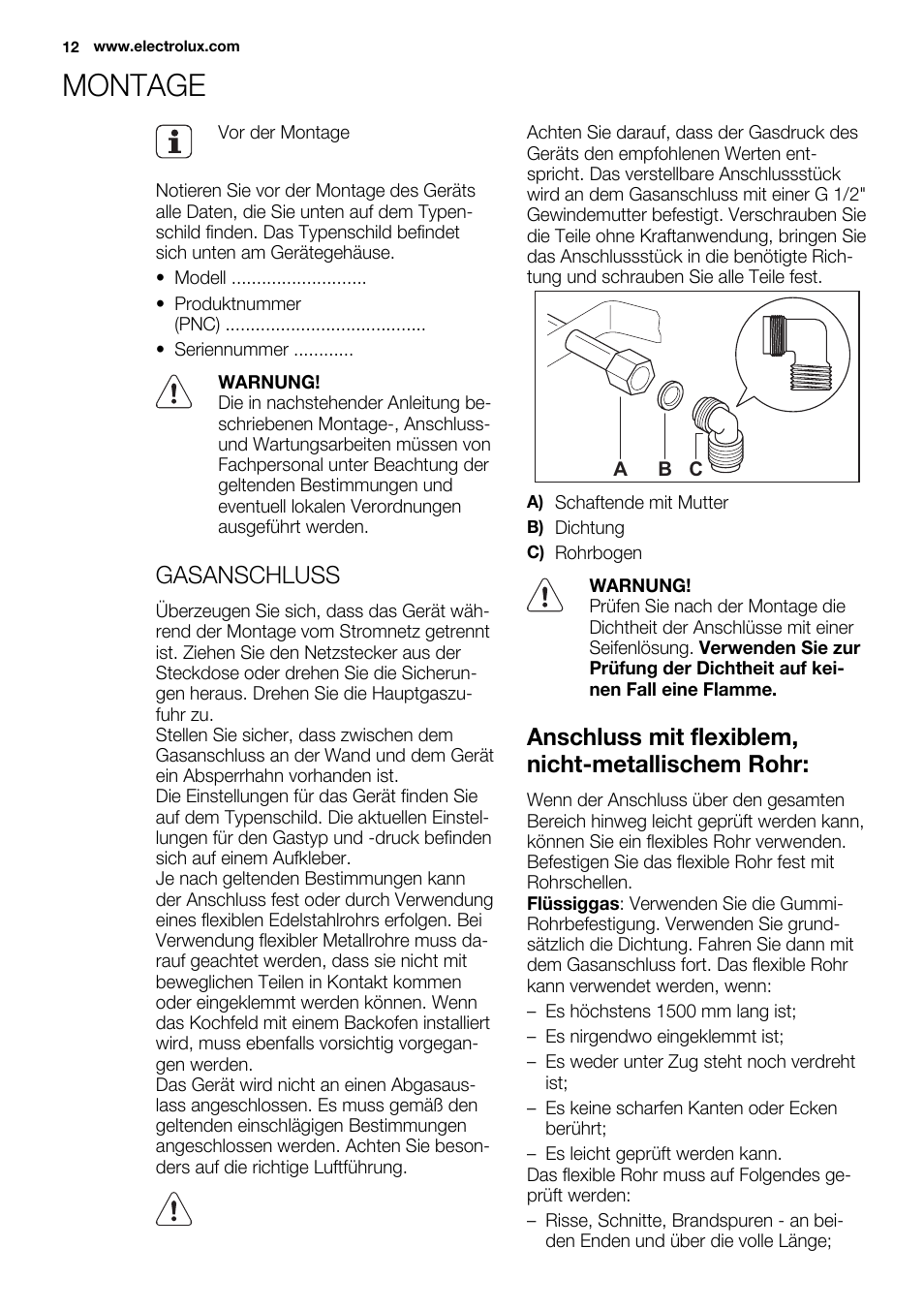 Montage, Gasanschluss, Anschluss mit flexiblem, nicht-metallischem rohr | Electrolux EQW4111BOG User Manual | Page 12 / 64