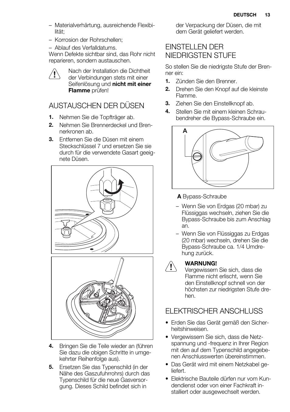 Austauschen der düsen, Einstellen der niedrigsten stufe, Elektrischer anschluss | Electrolux EQW4111BOG User Manual | Page 13 / 64