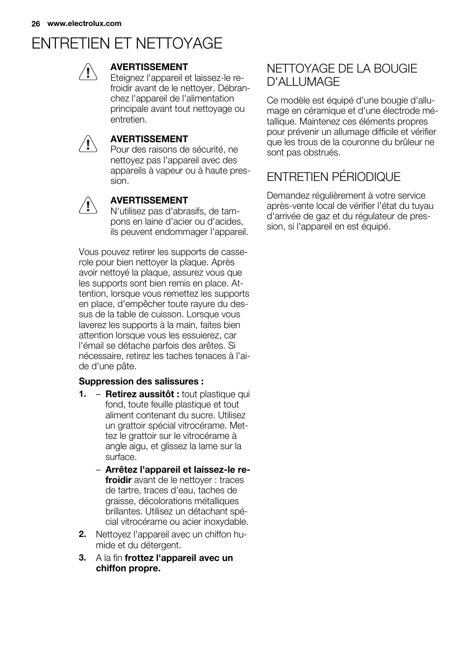 Entretien et nettoyage, Nettoyage de la bougie d'allumage, Entretien périodique | Electrolux EQW4111BOG User Manual | Page 26 / 64