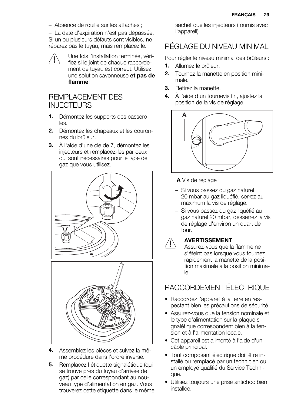 Remplacement des injecteurs, Réglage du niveau minimal, Raccordement électrique | Electrolux EQW4111BOG User Manual | Page 29 / 64