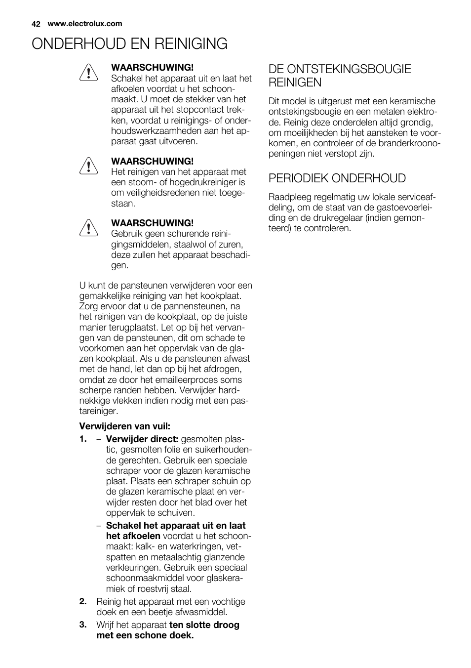 Onderhoud en reiniging, De ontstekingsbougie reinigen, Periodiek onderhoud | Electrolux EQW4111BOG User Manual | Page 42 / 64