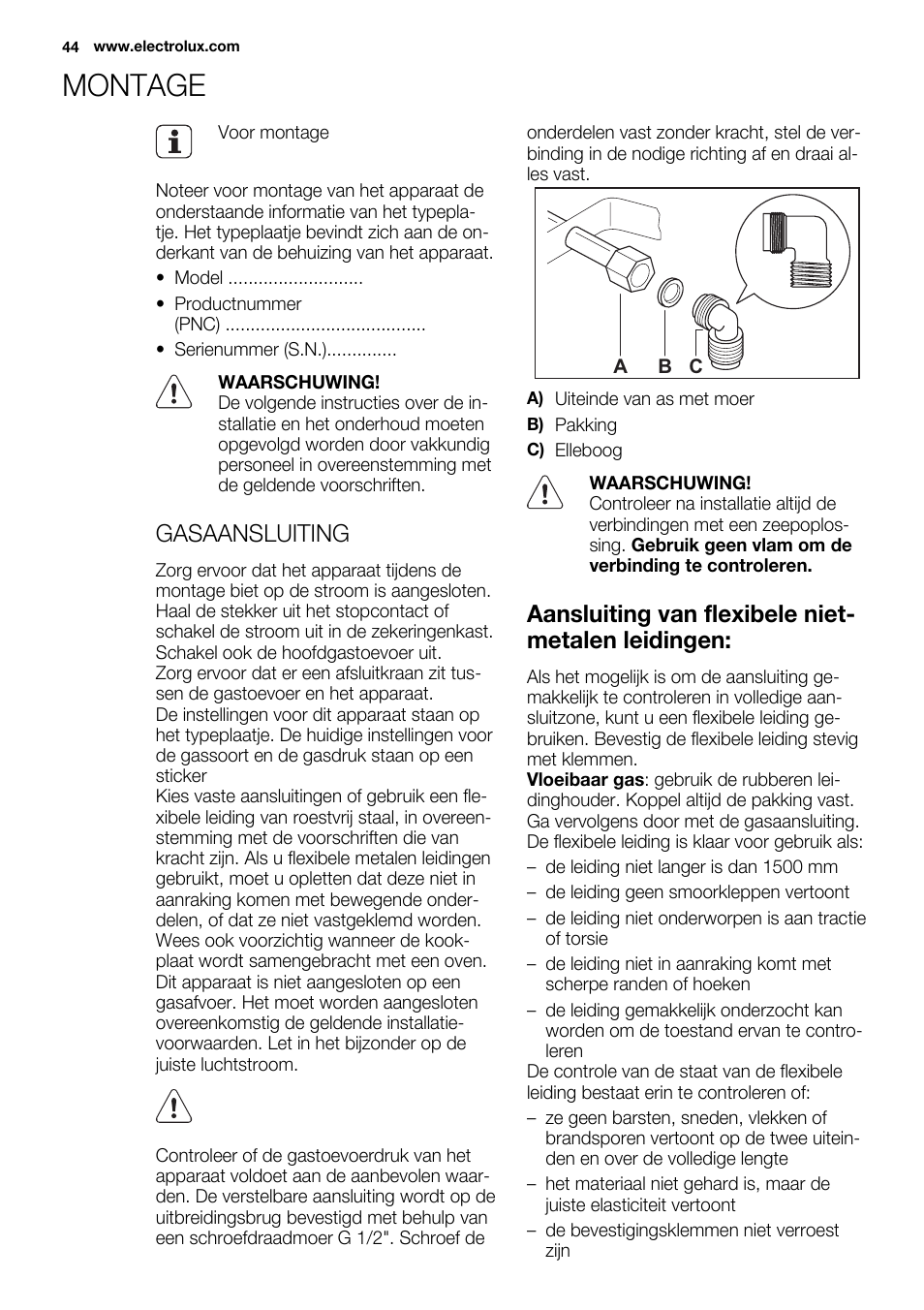 Montage, Gasaansluiting, Aansluiting van flexibele niet- metalen leidingen | Electrolux EQW4111BOG User Manual | Page 44 / 64