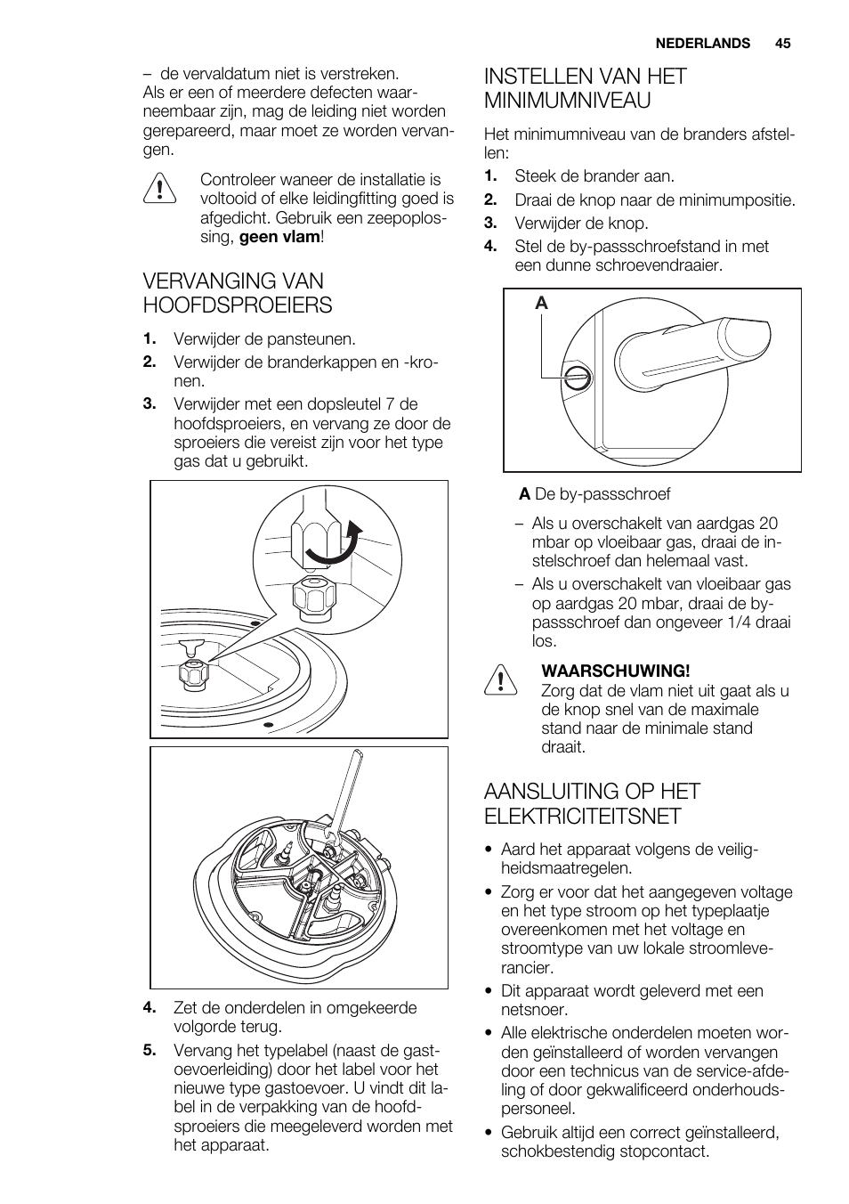 Vervanging van hoofdsproeiers, Instellen van het minimumniveau, Aansluiting op het elektriciteitsnet | Electrolux EQW4111BOG User Manual | Page 45 / 64