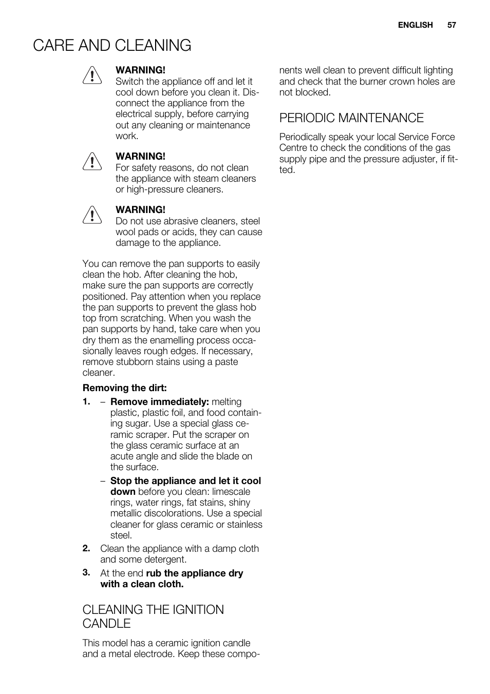 Care and cleaning, Cleaning the ignition candle, Periodic maintenance | Electrolux EQW4111BOG User Manual | Page 57 / 64