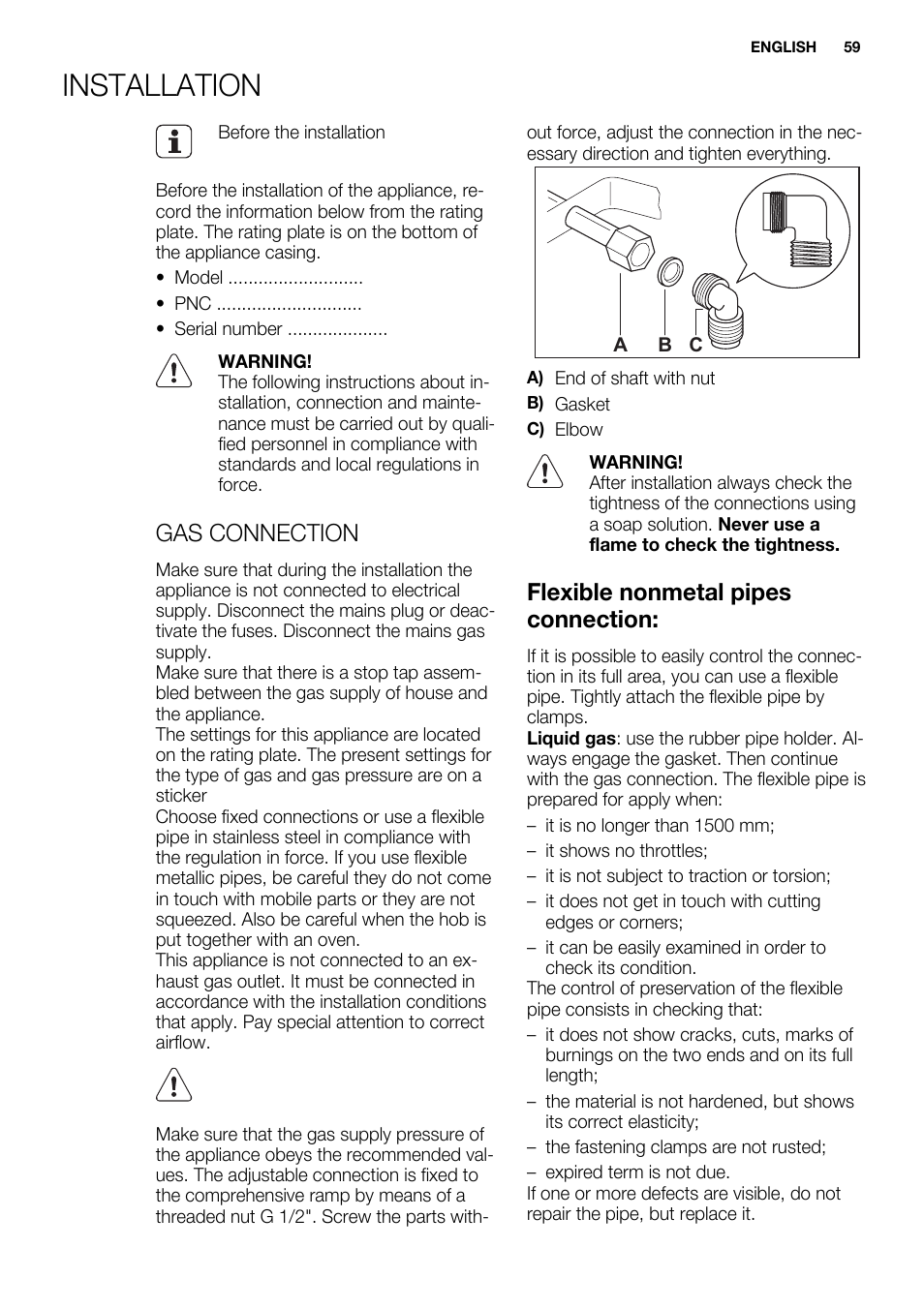 Installation, Gas connection, Flexible nonmetal pipes connection | Electrolux EQW4111BOG User Manual | Page 59 / 64