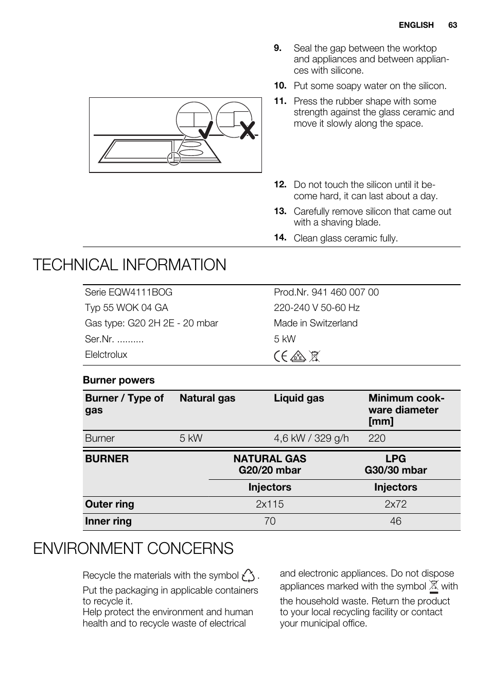 Technical information, Environment concerns | Electrolux EQW4111BOG User Manual | Page 63 / 64