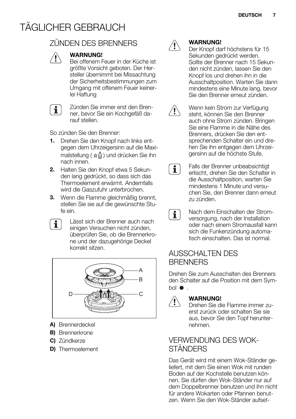 Täglicher gebrauch, Zünden des brenners, Ausschalten des brenners | Verwendung des wok- ständers | Electrolux EQW4111BOG User Manual | Page 7 / 64