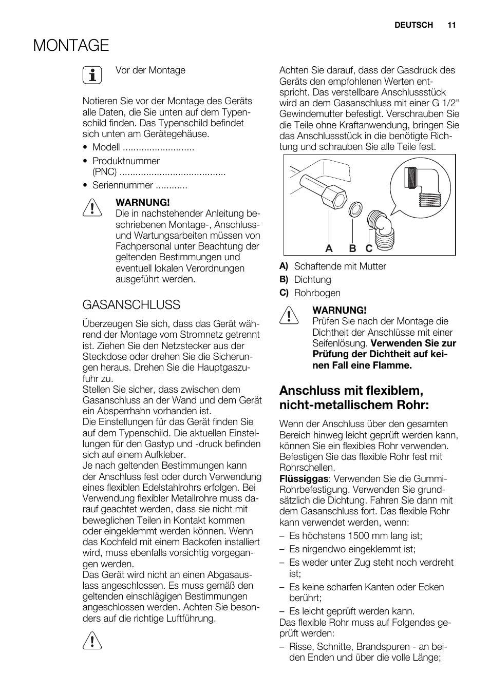 Montage, Gasanschluss, Anschluss mit flexiblem, nicht-metallischem rohr | Electrolux EQG4120BOG User Manual | Page 11 / 64