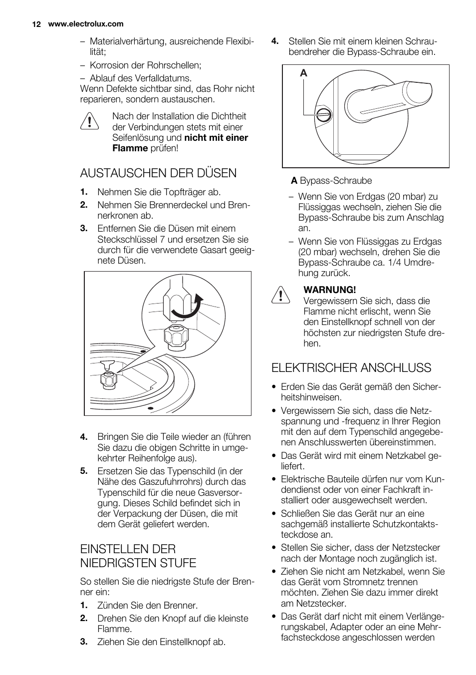 Austauschen der düsen, Einstellen der niedrigsten stufe, Elektrischer anschluss | Electrolux EQG4120BOG User Manual | Page 12 / 64
