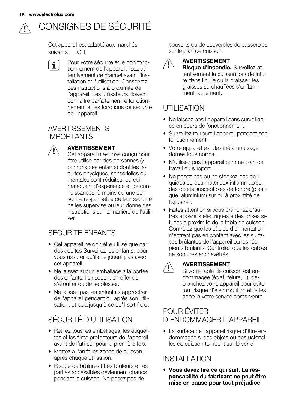 Consignes de sécurité, Avertissements importants, Sécurité enfants | Sécurité d'utilisation, Utilisation, Pour éviter d'endommager l'appareil, Installation | Electrolux EQG4120BOG User Manual | Page 18 / 64