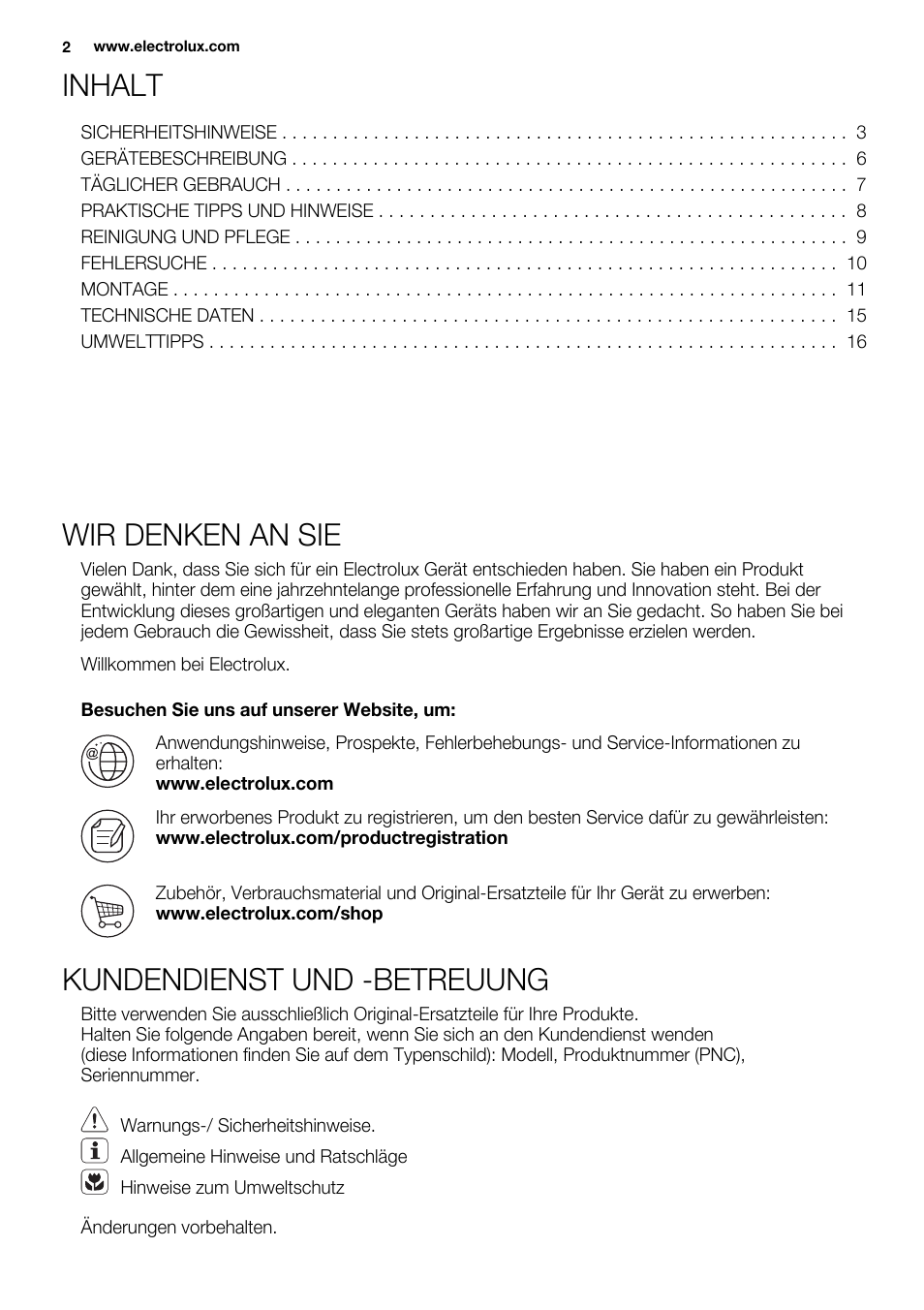 Inhalt, Wir denken an sie, Kundendienst und -betreuung | Electrolux EQG4120BOG User Manual | Page 2 / 64