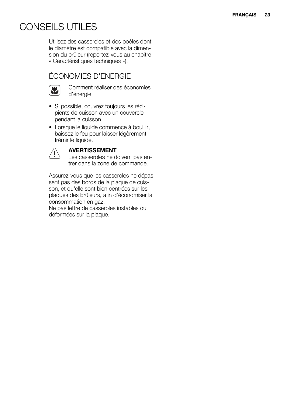 Conseils utiles, Économies d'énergie | Electrolux EQG4120BOG User Manual | Page 23 / 64