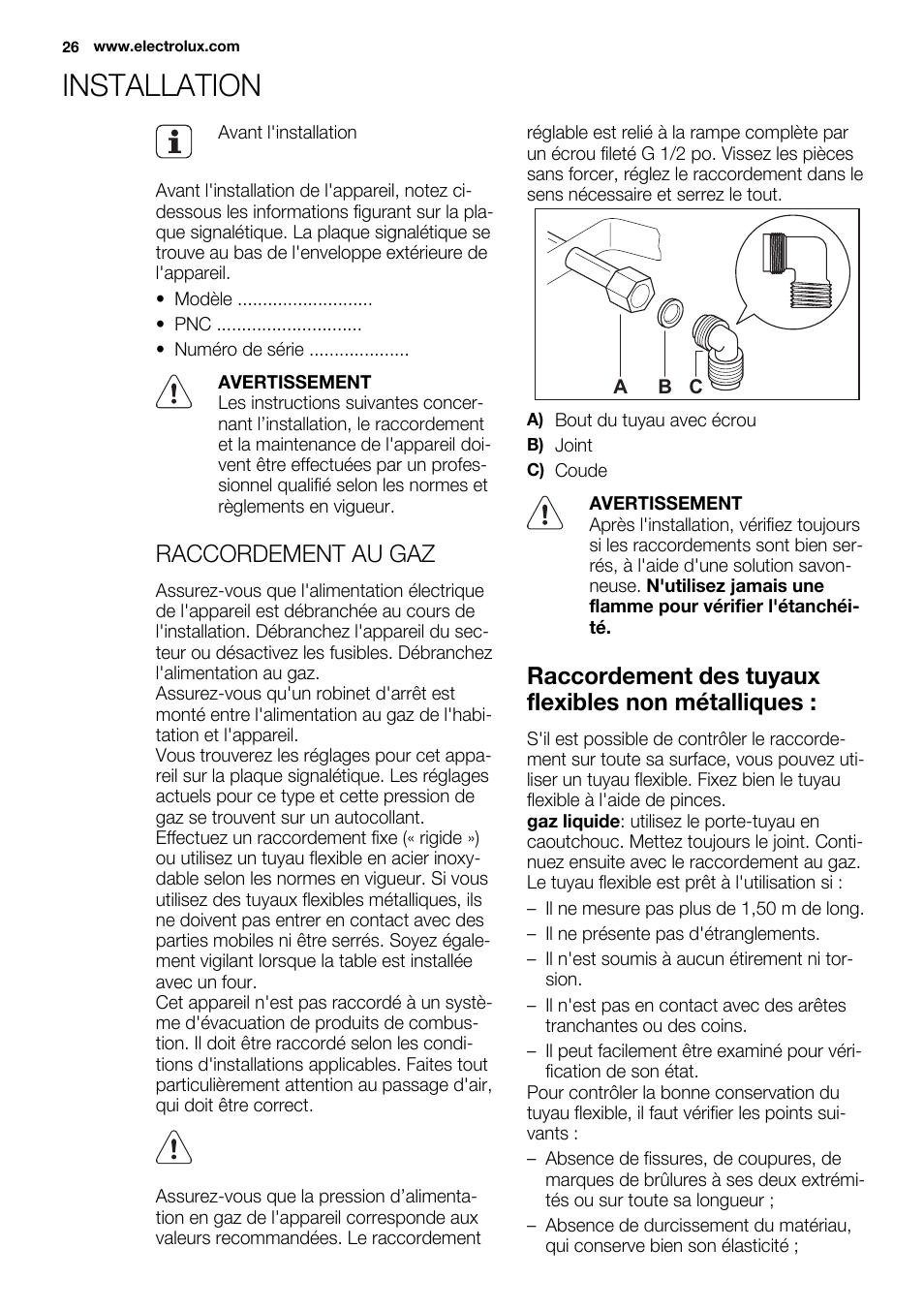 Installation, Raccordement au gaz, Raccordement des tuyaux flexibles non métalliques | Electrolux EQG4120BOG User Manual | Page 26 / 64