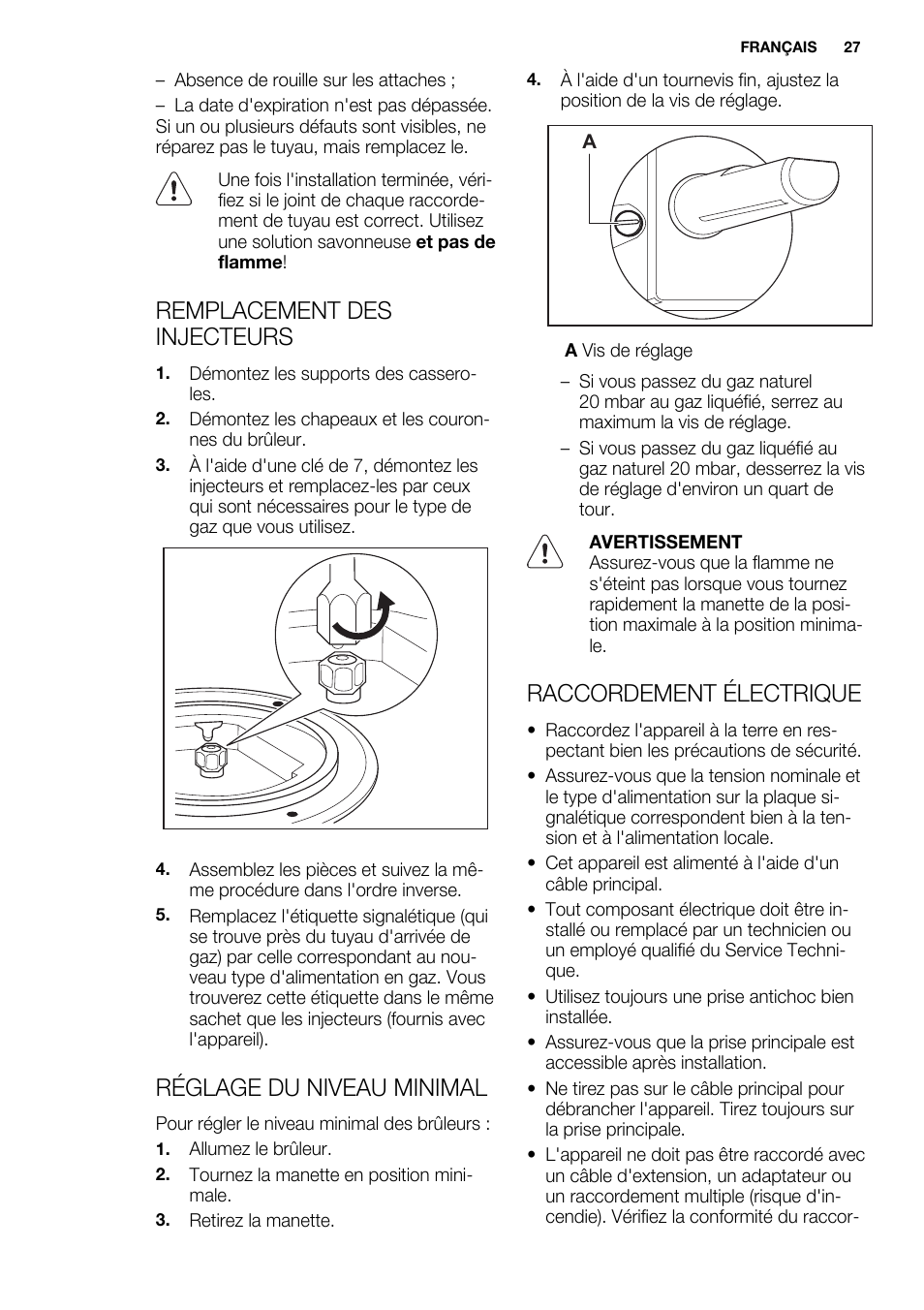 Remplacement des injecteurs, Réglage du niveau minimal, Raccordement électrique | Electrolux EQG4120BOG User Manual | Page 27 / 64