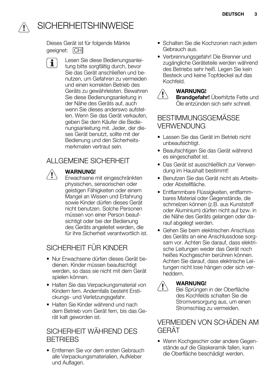 Sicherheitshinweise, Allgemeine sicherheit, Sicherheit für kinder | Sicherheit während des betriebs, Bestimmungsgemässe verwendung, Vermeiden von schäden am gerät | Electrolux EQG4120BOG User Manual | Page 3 / 64