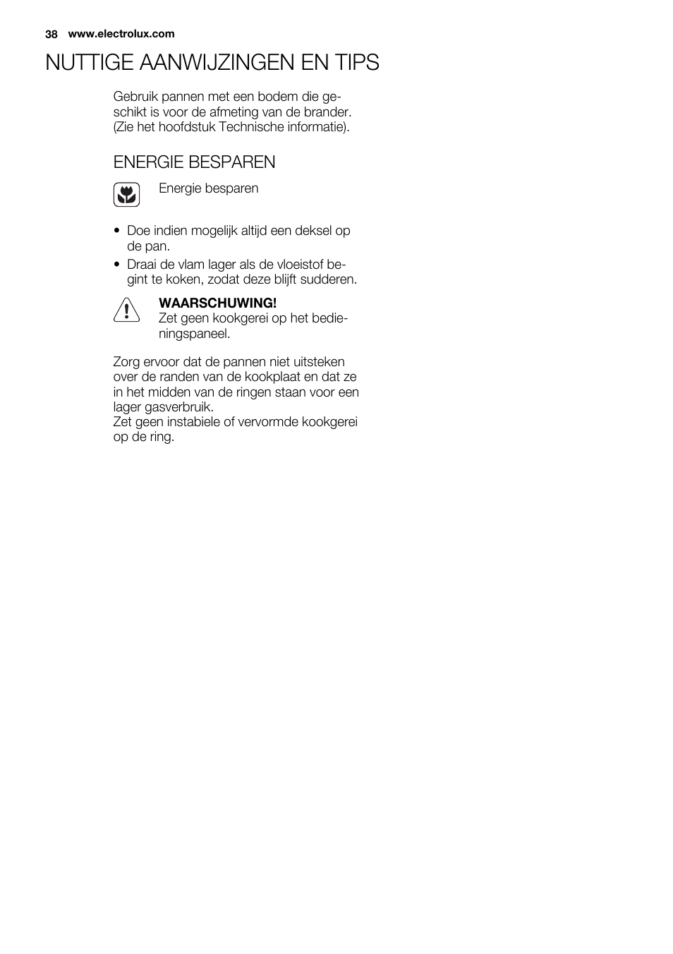 Nuttige aanwijzingen en tips, Energie besparen | Electrolux EQG4120BOG User Manual | Page 38 / 64