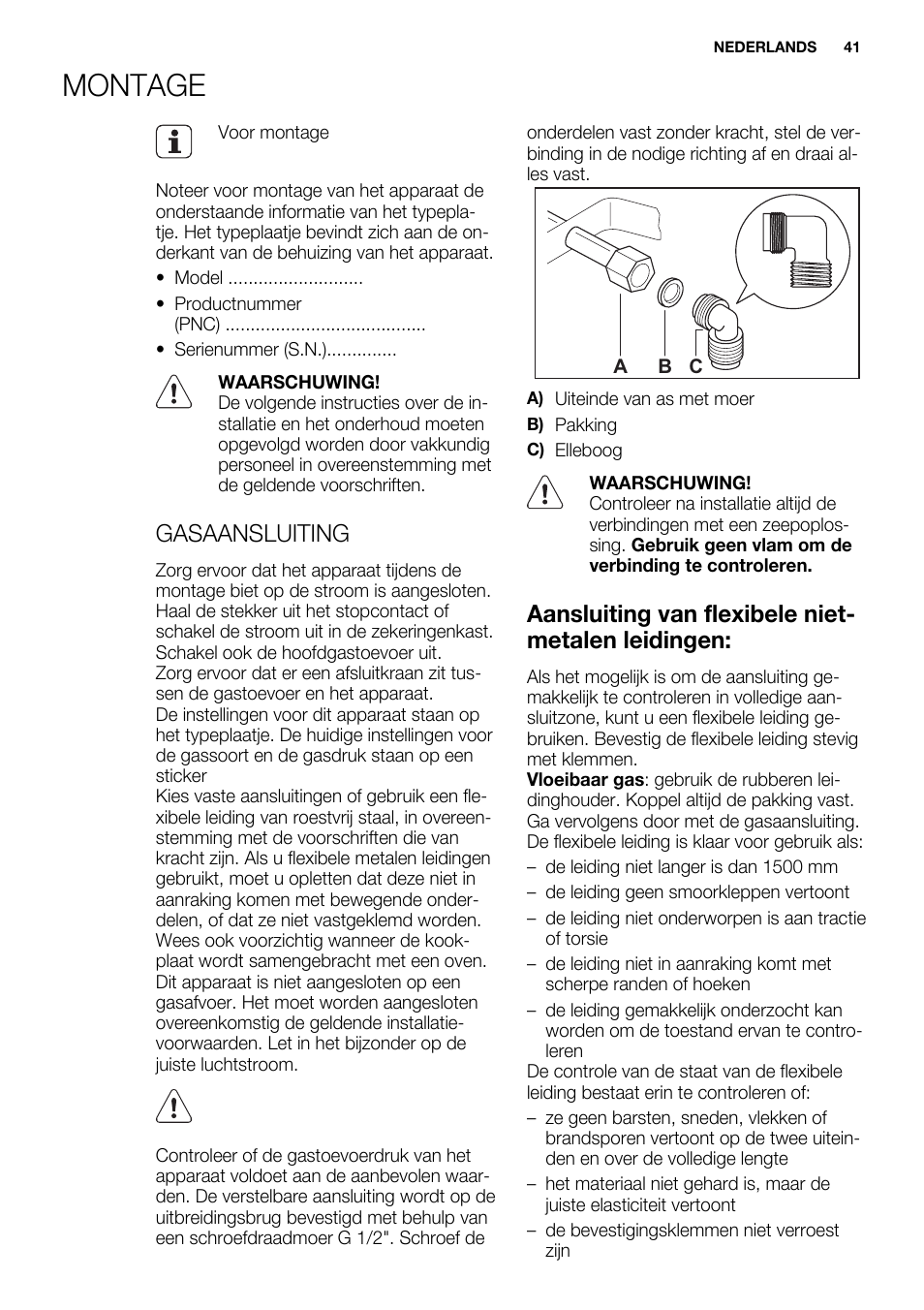 Montage, Gasaansluiting, Aansluiting van flexibele niet- metalen leidingen | Electrolux EQG4120BOG User Manual | Page 41 / 64