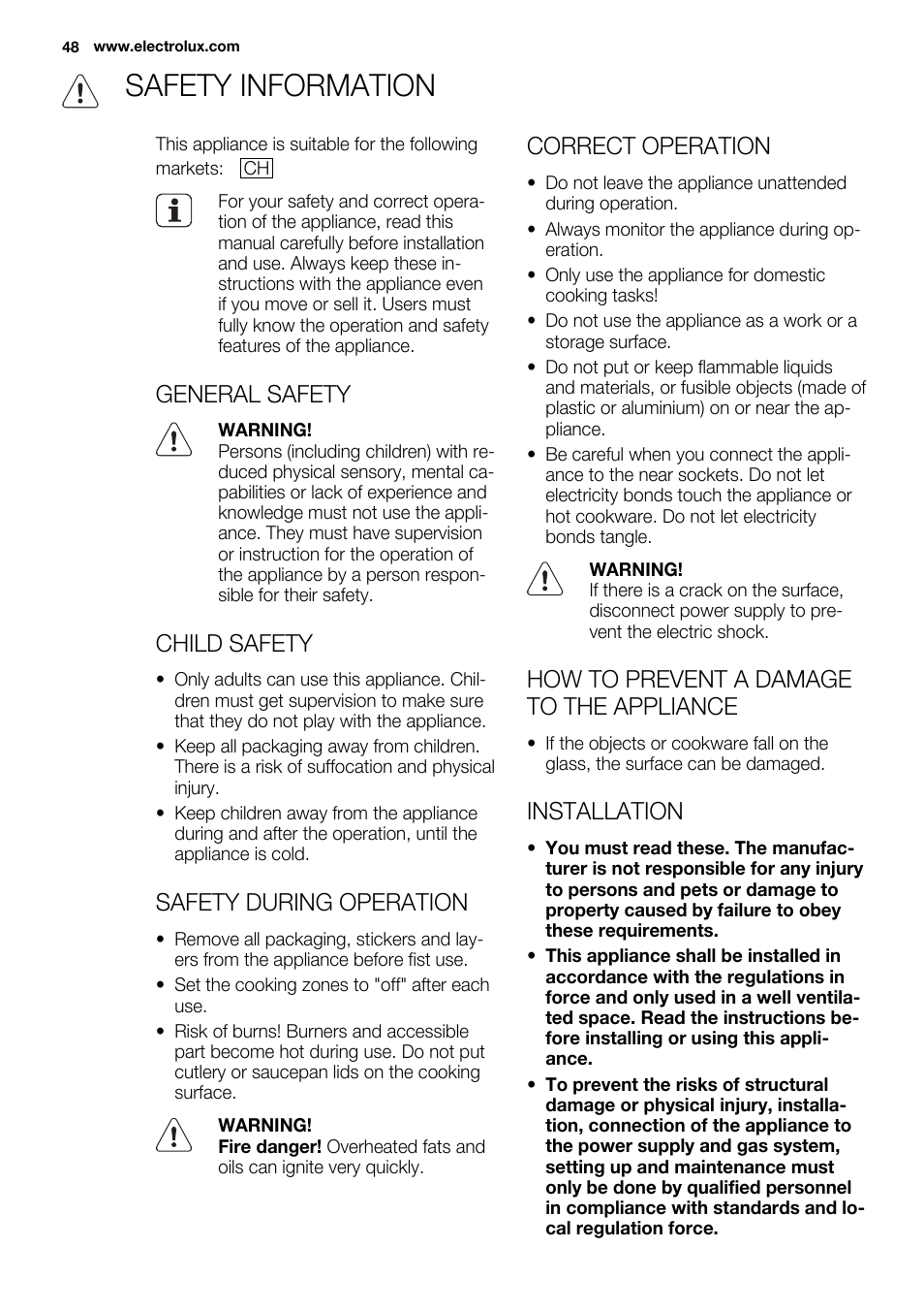 Safety information, General safety, Child safety | Safety during operation, Correct operation, How to prevent a damage to the appliance, Installation | Electrolux EQG4120BOG User Manual | Page 48 / 64