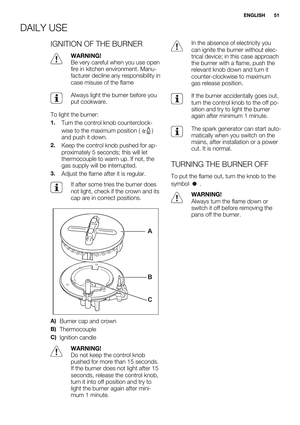 Daily use, Ignition of the burner, Turning the burner off | Electrolux EQG4120BOG User Manual | Page 51 / 64