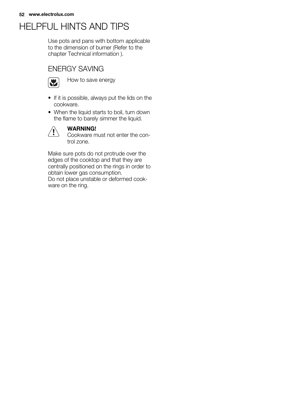Helpful hints and tips, Energy saving | Electrolux EQG4120BOG User Manual | Page 52 / 64