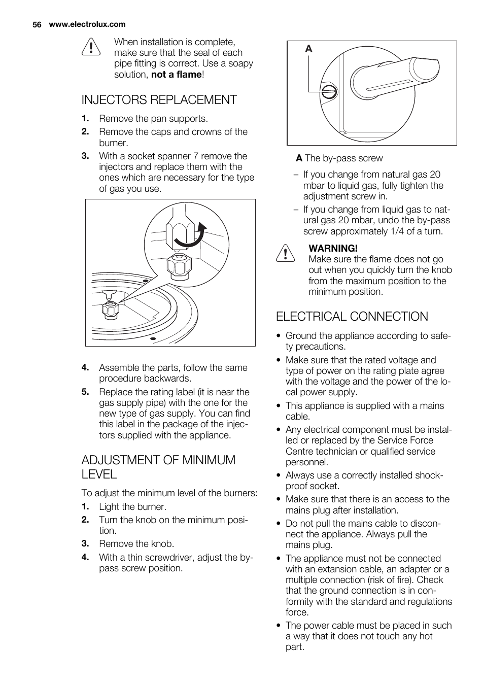 Injectors replacement, Adjustment of minimum level, Electrical connection | Electrolux EQG4120BOG User Manual | Page 56 / 64