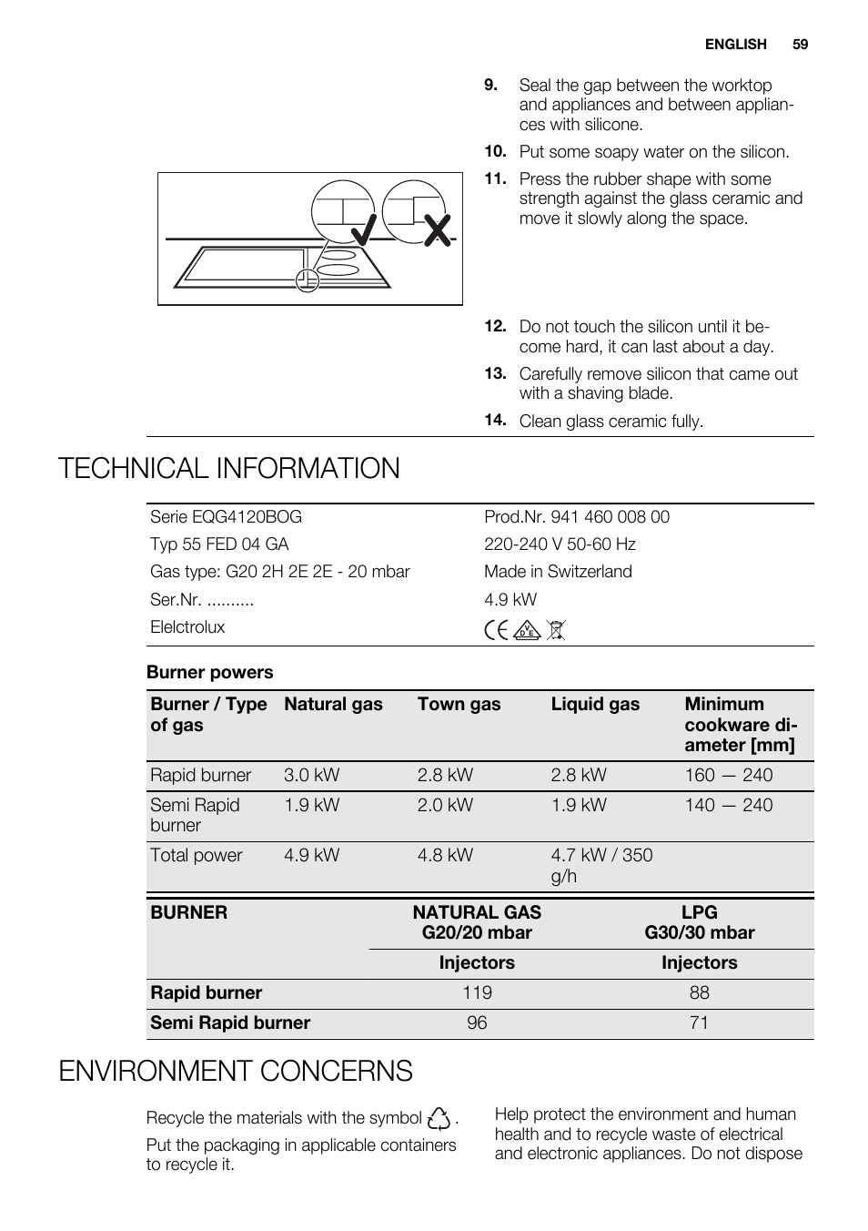 Technical information, Environment concerns | Electrolux EQG4120BOG User Manual | Page 59 / 64