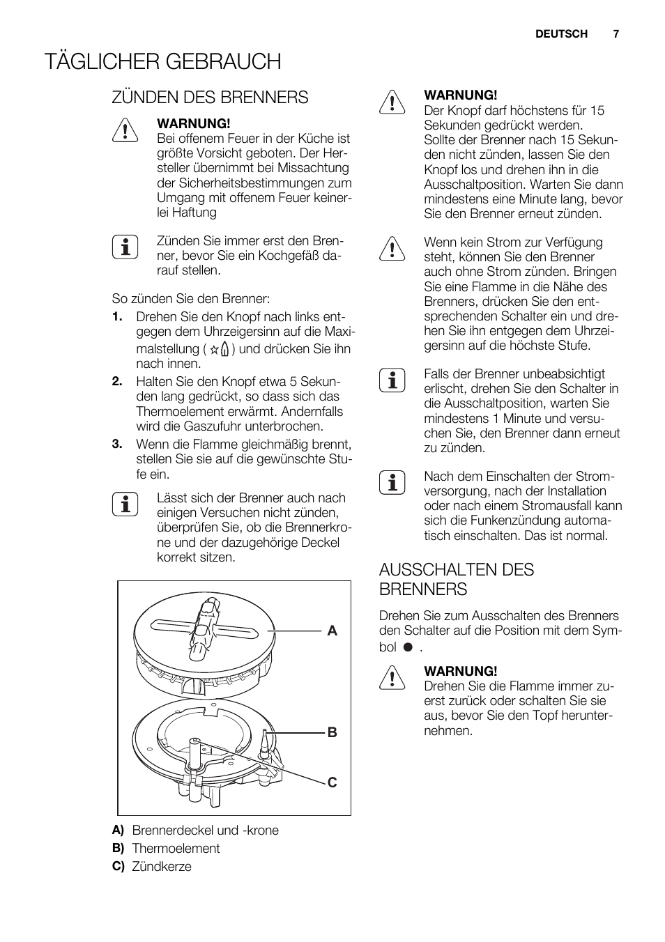 Täglicher gebrauch, Zünden des brenners, Ausschalten des brenners | Electrolux EQG4120BOG User Manual | Page 7 / 64