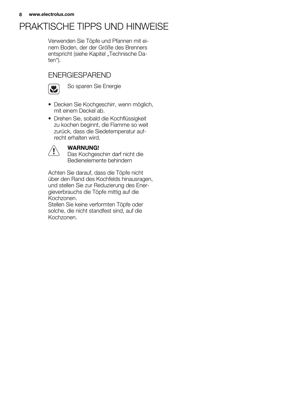 Praktische tipps und hinweise, Energiesparend | Electrolux EQG4120BOG User Manual | Page 8 / 64