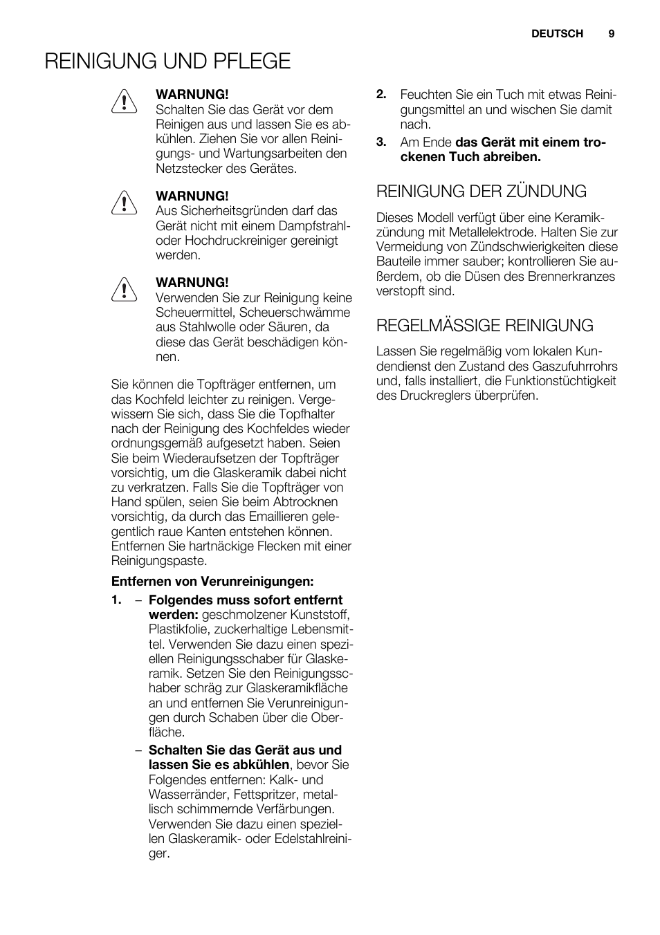 Reinigung und pflege, Reinigung der zündung, Regelmässige reinigung | Electrolux EQG4120BOG User Manual | Page 9 / 64