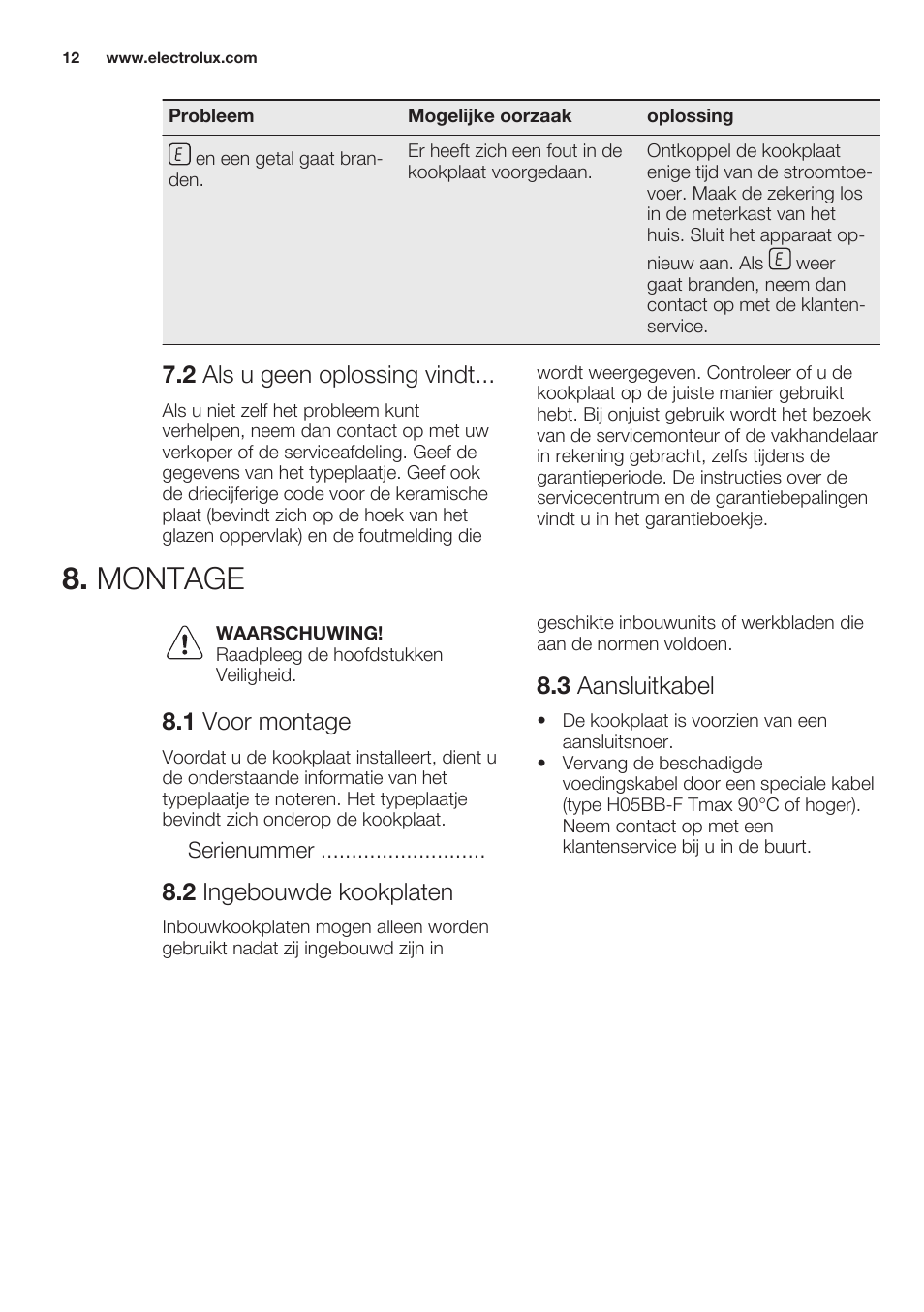 2 als u geen oplossing vindt, Montage, 1 voor montage | 2 ingebouwde kookplaten, 3 aansluitkabel | Electrolux EHF6241XOK User Manual | Page 12 / 56