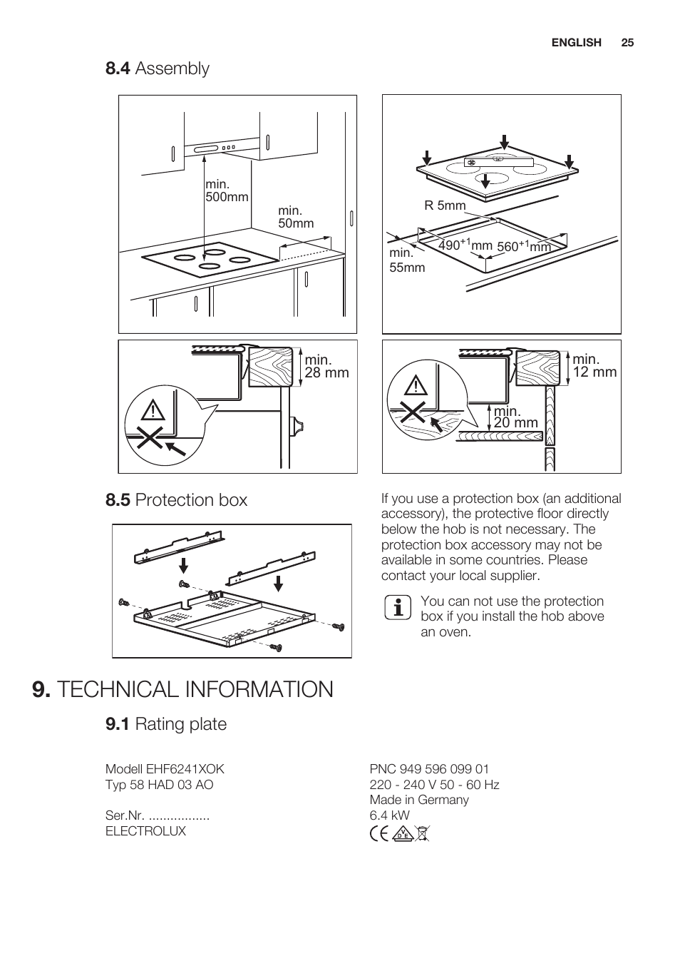 4 assembly, 5 protection box, Technical information | 1 rating plate | Electrolux EHF6241XOK User Manual | Page 25 / 56