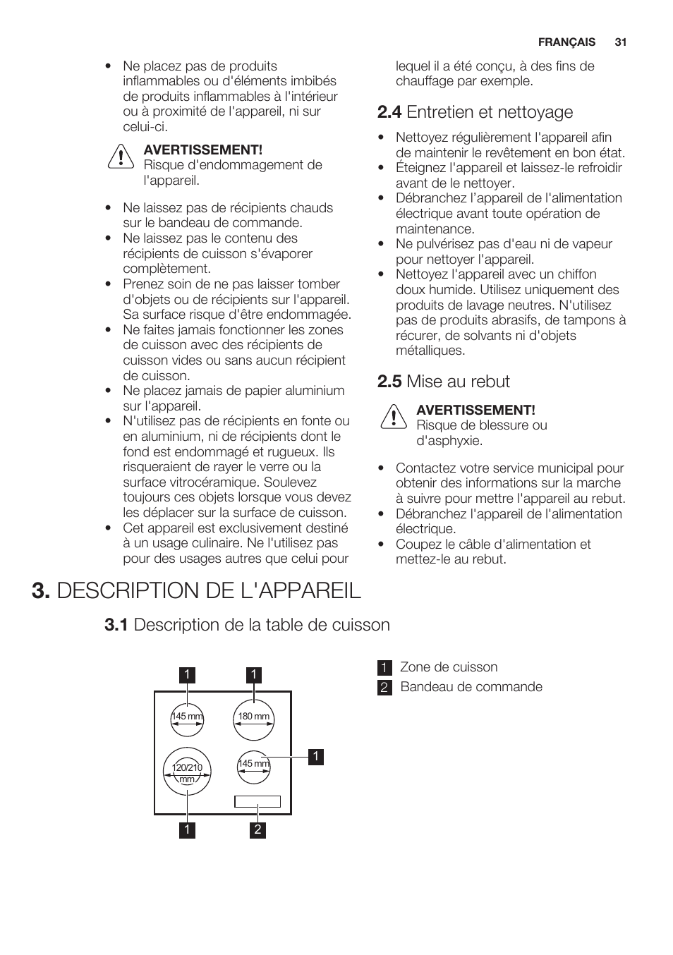 4 entretien et nettoyage, 5 mise au rebut, Description de l'appareil | 1 description de la table de cuisson | Electrolux EHF6241XOK User Manual | Page 31 / 56