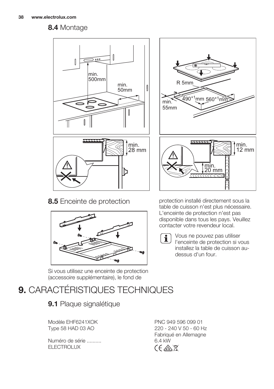 4 montage, 5 enceinte de protection, Caractéristiques techniques | 1 plaque signalétique | Electrolux EHF6241XOK User Manual | Page 38 / 56