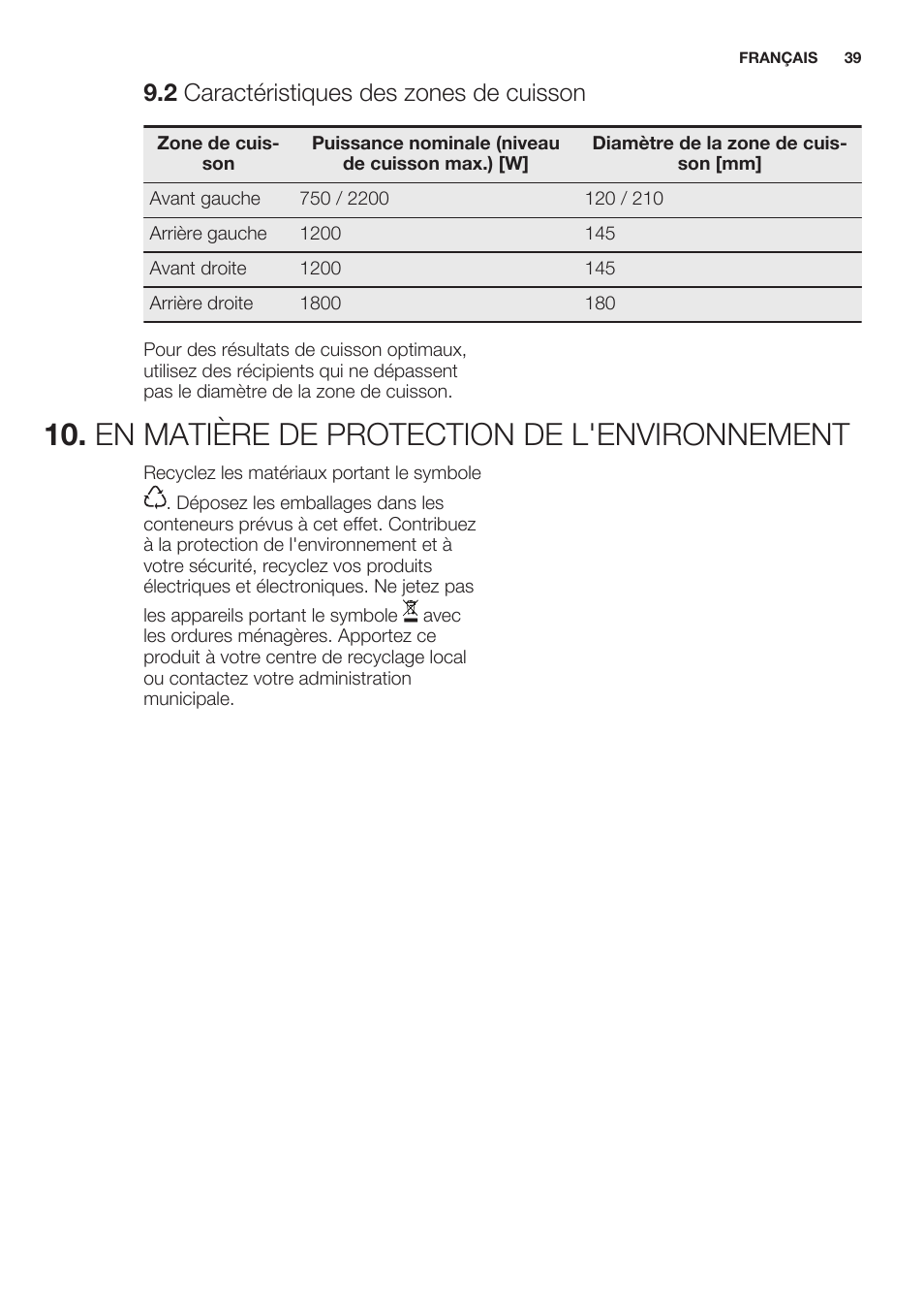 2 caractéristiques des zones de cuisson, En matière de protection de l'environnement | Electrolux EHF6241XOK User Manual | Page 39 / 56