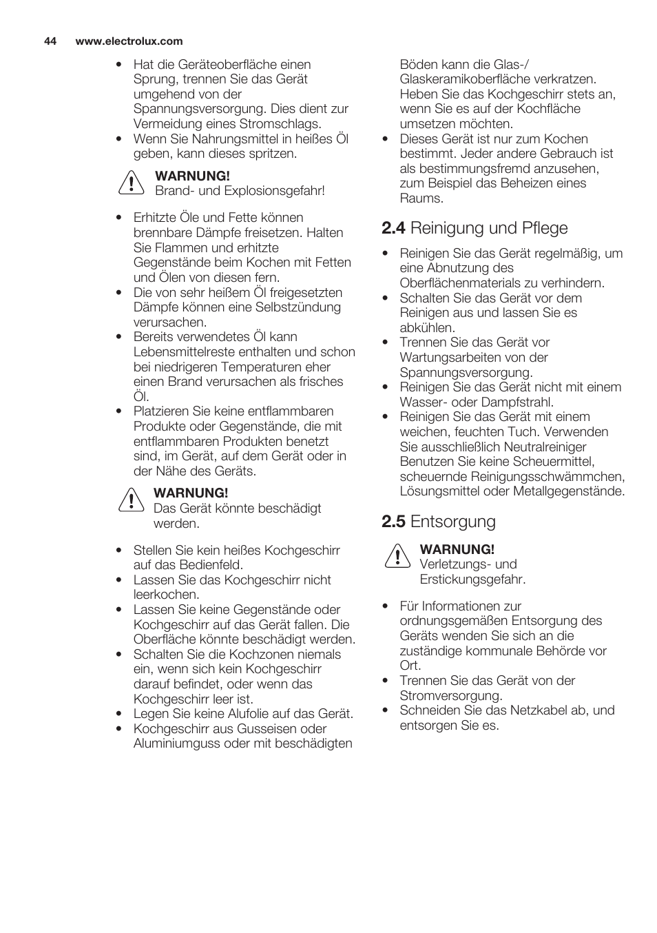 4 reinigung und pflege, 5 entsorgung | Electrolux EHF6241XOK User Manual | Page 44 / 56