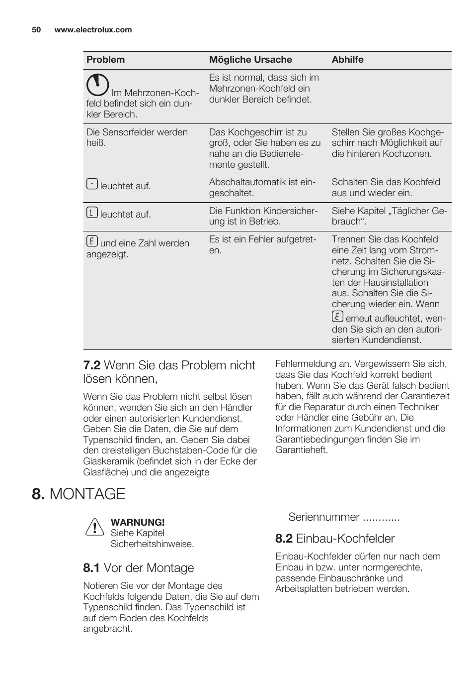 2 wenn sie das problem nicht lösen können, Montage, 1 vor der montage | 2 einbau-kochfelder | Electrolux EHF6241XOK User Manual | Page 50 / 56