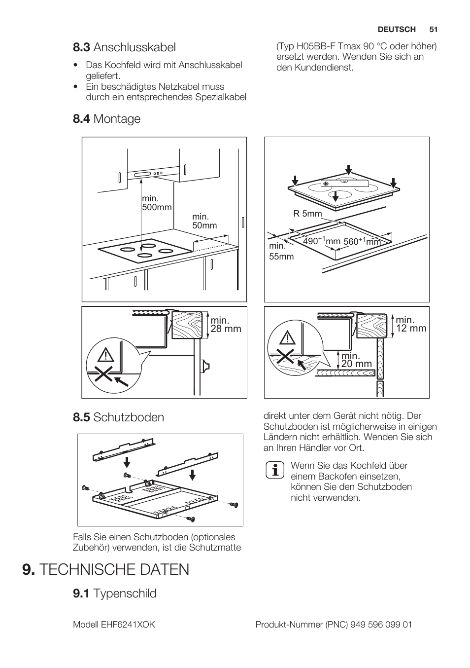 3 anschlusskabel, 4 montage, 5 schutzboden | Technische daten, 1 typenschild | Electrolux EHF6241XOK User Manual | Page 51 / 56