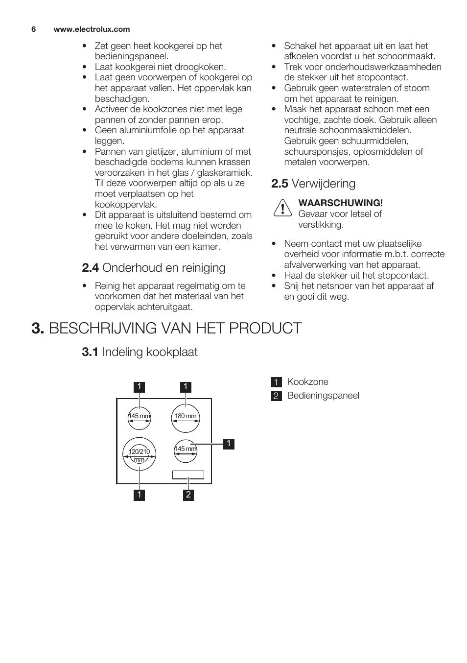 4 onderhoud en reiniging, 5 verwijdering, Beschrijving van het product | 1 indeling kookplaat | Electrolux EHF6241XOK User Manual | Page 6 / 56