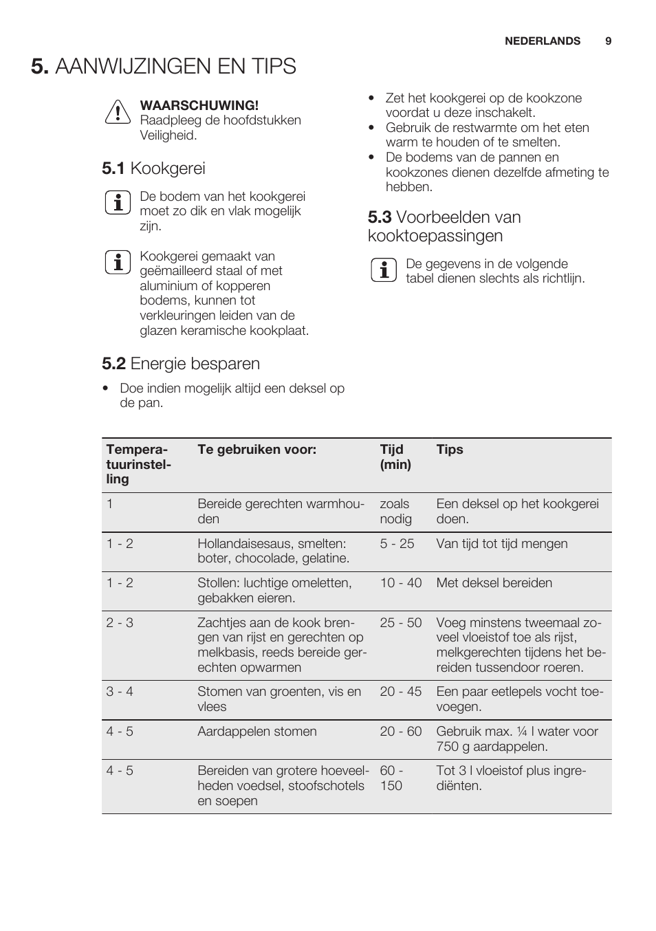 Aanwijzingen en tips, 1 kookgerei, 2 energie besparen | 3 voorbeelden van kooktoepassingen | Electrolux EHF6241XOK User Manual | Page 9 / 56