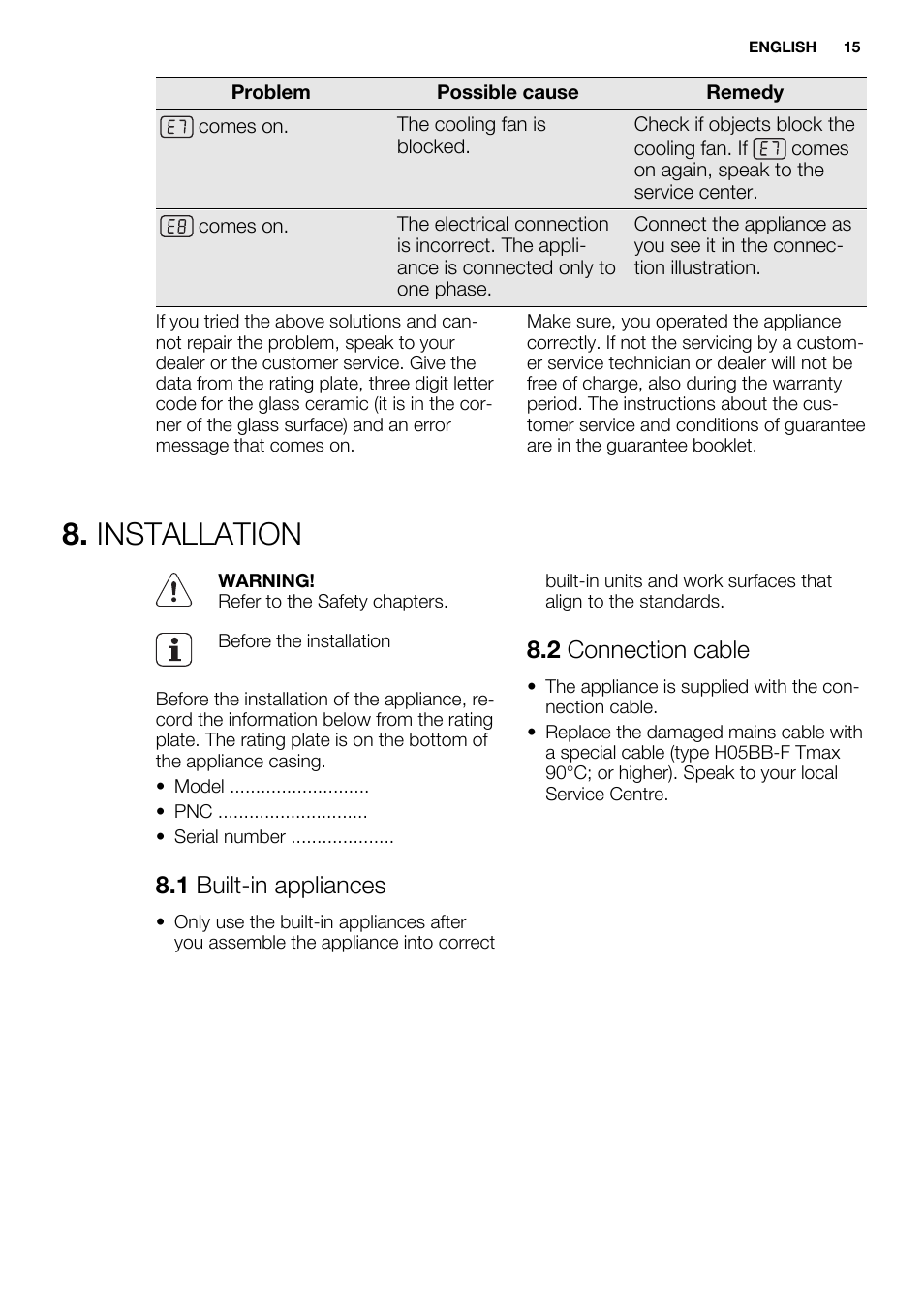 Installation, 1 built-in appliances, 2 connection cable | Electrolux EHI8742FOK User Manual | Page 15 / 56