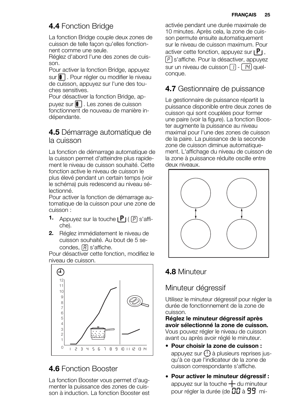 4 fonction bridge, 5 démarrage automatique de la cuisson, 6 fonction booster | 7 gestionnaire de puissance, 8 minuteur minuteur dégressif | Electrolux EHI8742FOK User Manual | Page 25 / 56