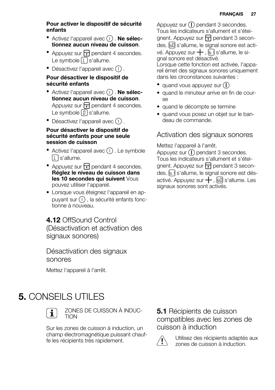 Conseils utiles, Activation des signaux sonores | Electrolux EHI8742FOK User Manual | Page 27 / 56