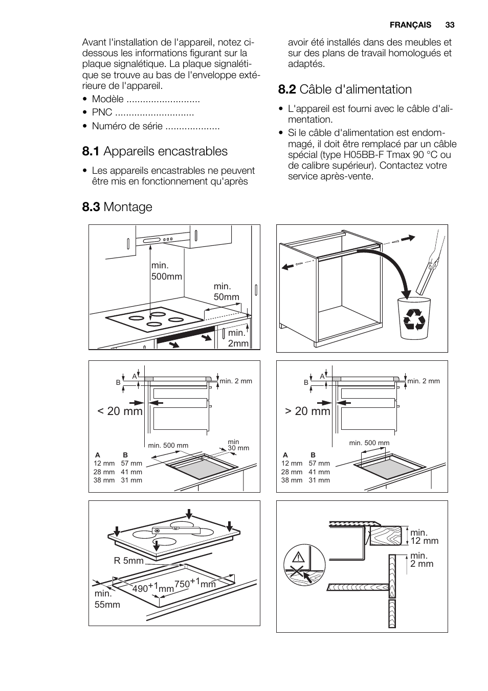 1 appareils encastrables, 2 câble d'alimentation, 3 montage | 20 mm | Electrolux EHI8742FOK User Manual | Page 33 / 56