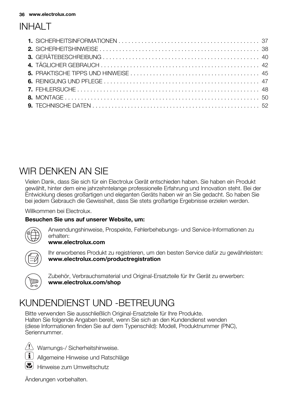 Inhalt, Wir denken an sie, Kundendienst und -betreuung | Electrolux EHI8742FOK User Manual | Page 36 / 56